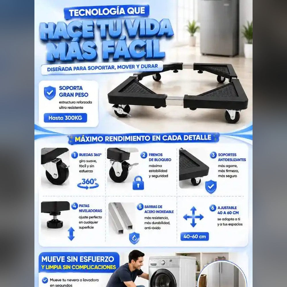 Base Móvil Ajustable con Ruedas 🧺 Mové la Nevera o la Lavadora Sin Hacer Fuerza — 3