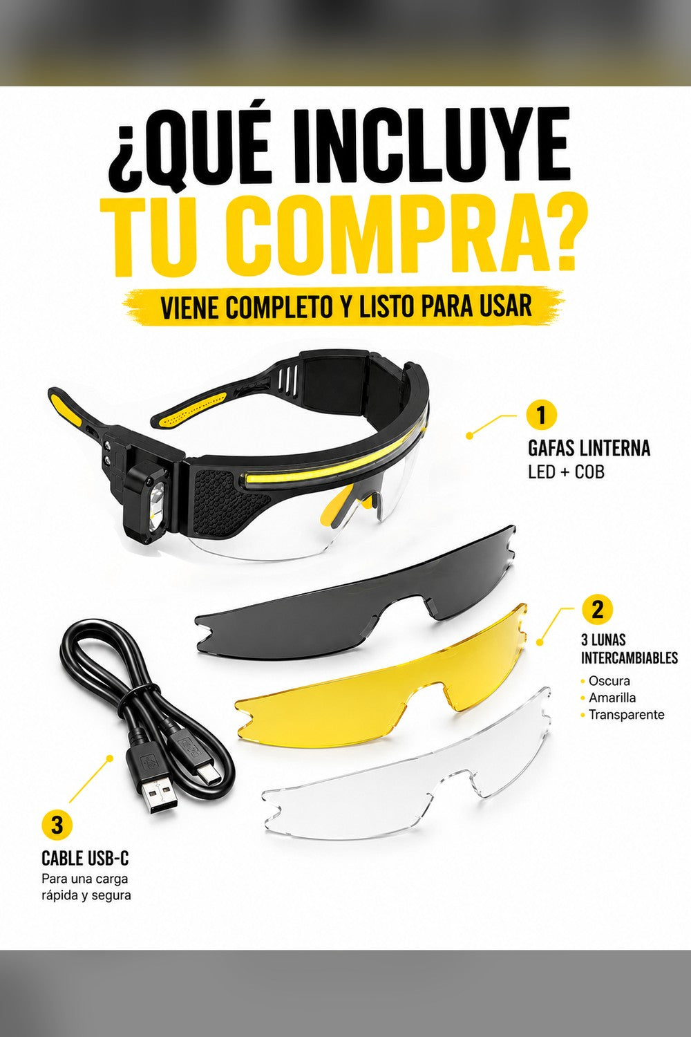 Gafas Linterna VisionPro 🔦 LED Frontal + COB Lateral, 3 Lunas y Carga USB-C — 3