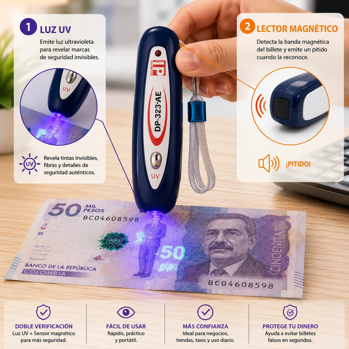 Mini Detector de Billetes Falsos — Luz UV + Lector Magnético 💵 — 4