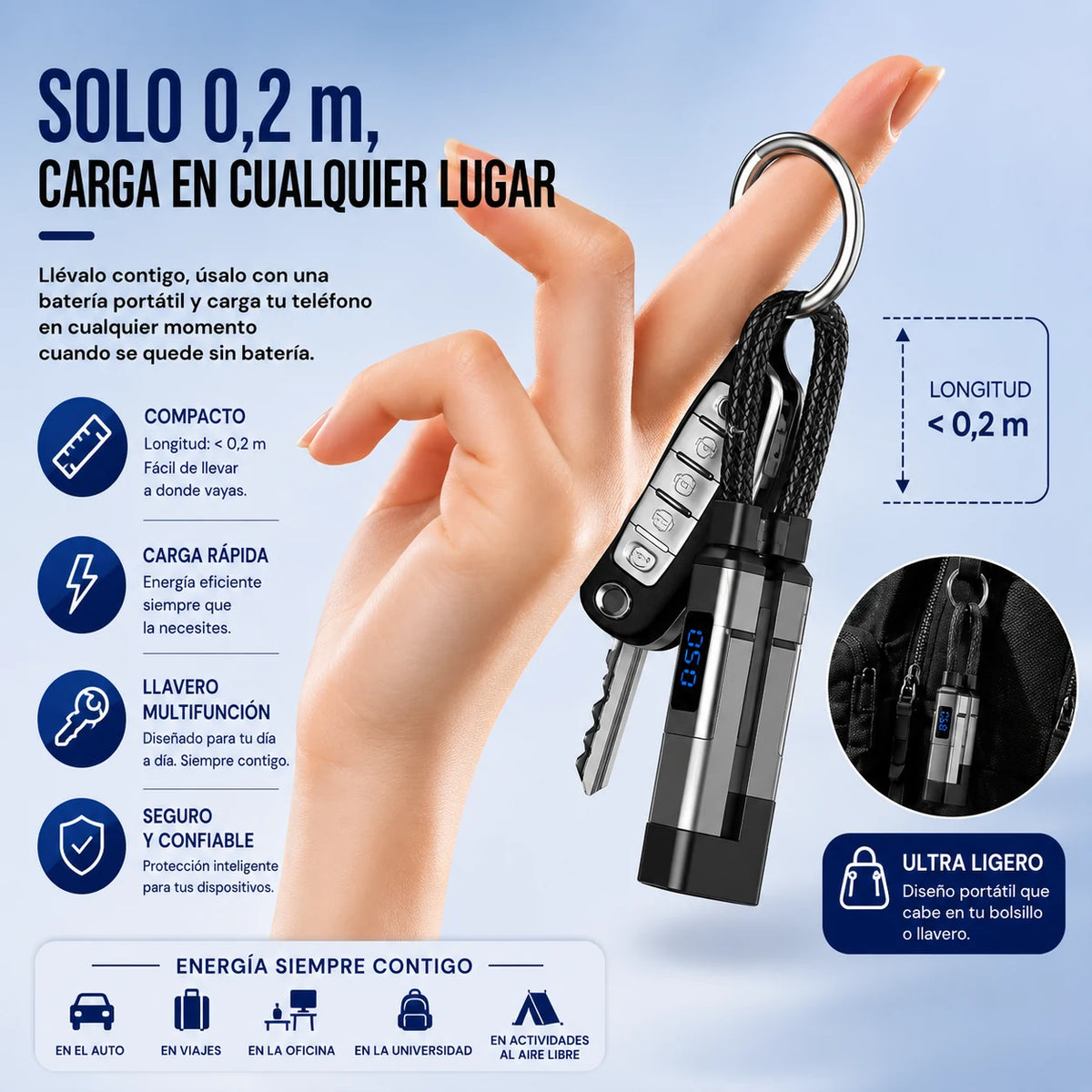 Cable Universal 4 en 1 🔌 Tipo Llavero con Pantalla Digital