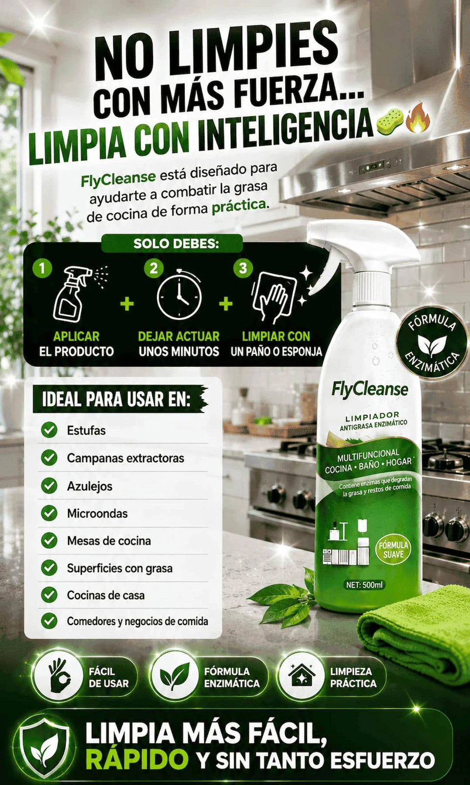 FlyCleanse™ — Limpiador Antigrasa Enzimático Multiusos