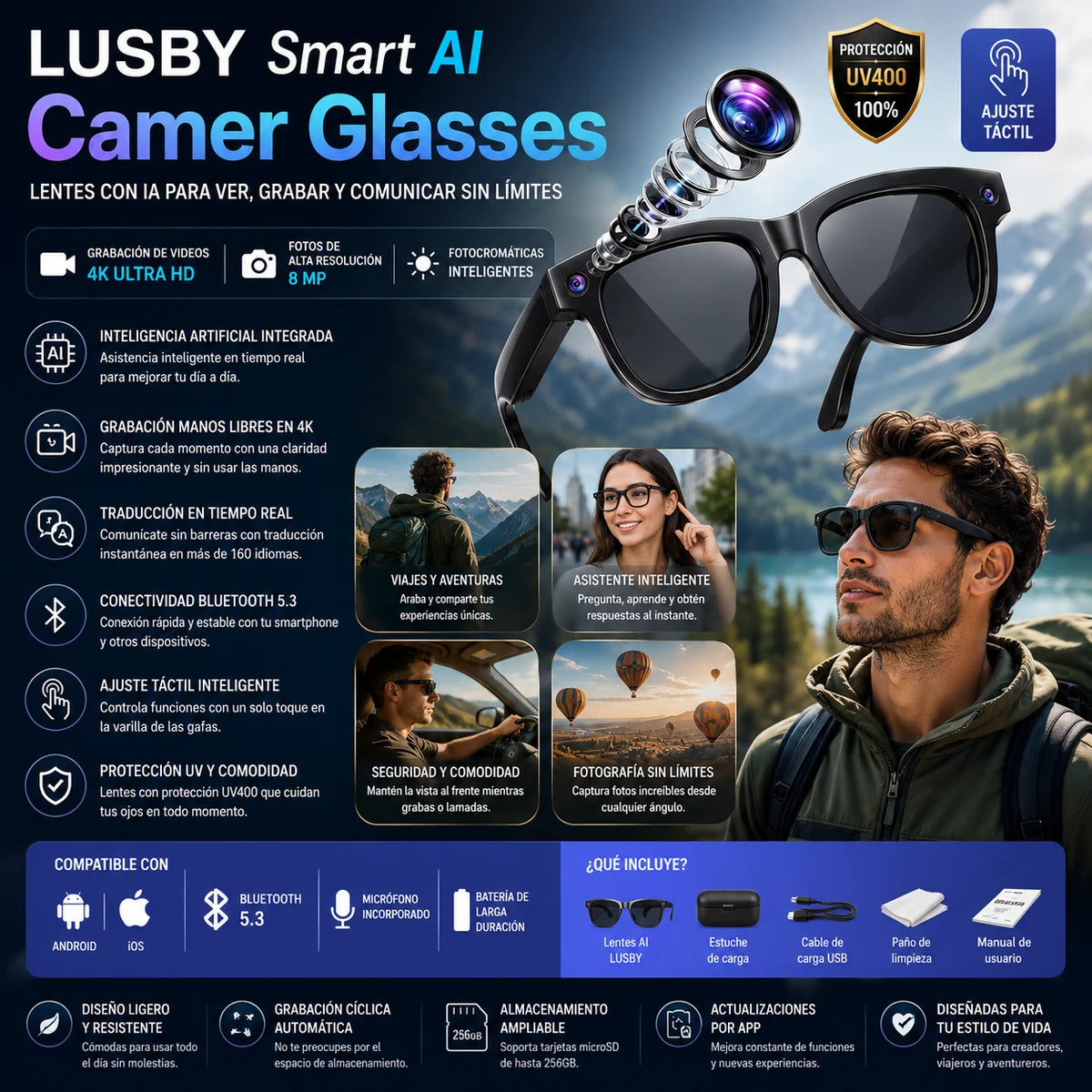 Gafas Inteligentes con IA y Cámara 4K — Traducción en Tiempo Real