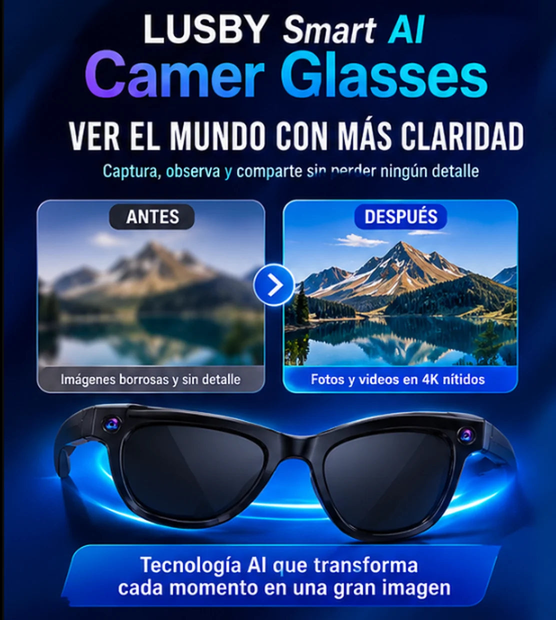 Gafas Inteligentes con IA y Cámara 4K — Traducción en Tiempo Real