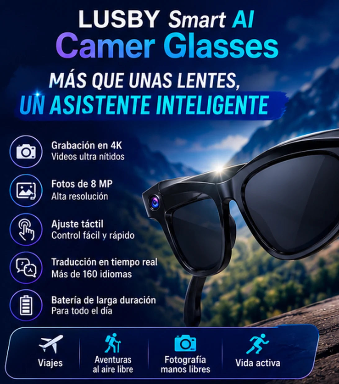 Gafas Inteligentes con IA y Cámara 4K — Traducción en Tiempo Real