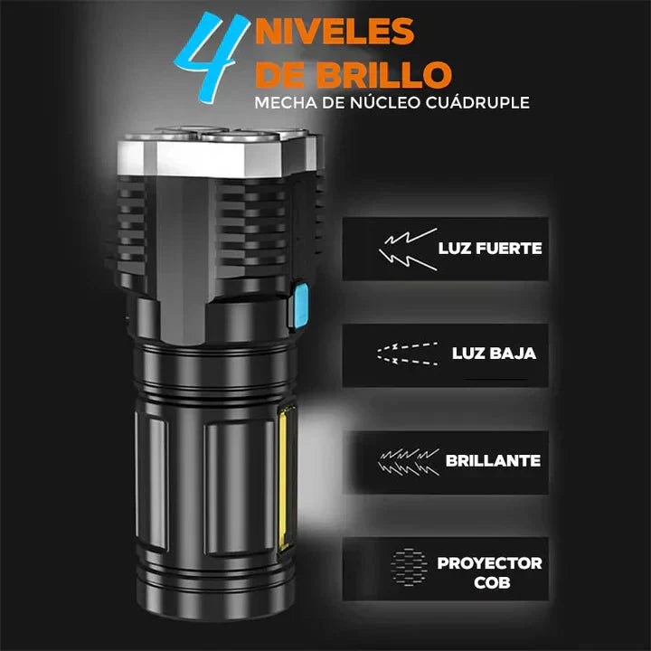 Linterna Táctica LED 4 Núcleos · Ultra Potente Recargable