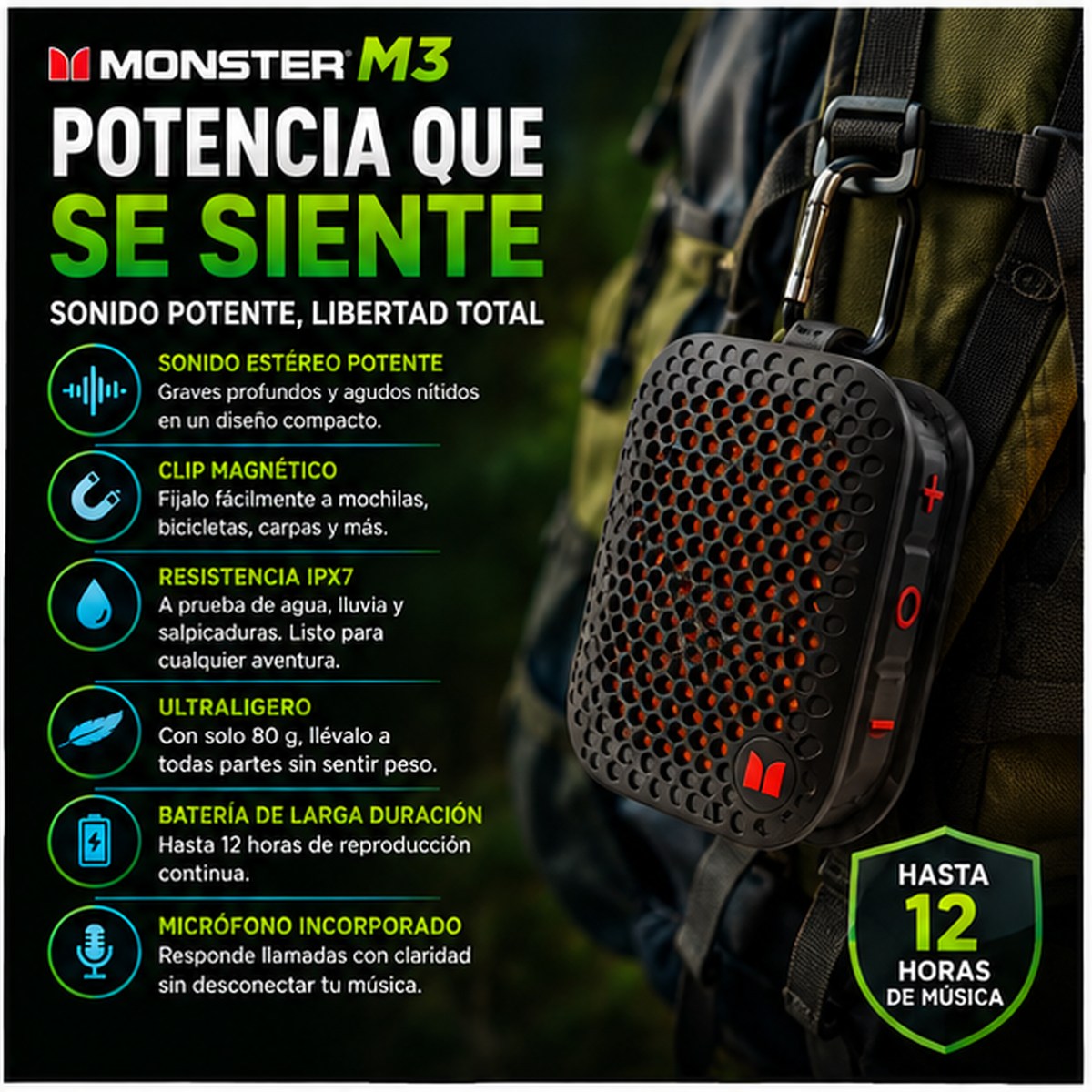 MONSTER M3 — Altavoz Bluetooth Portátil con Clip Magnético · IPX7