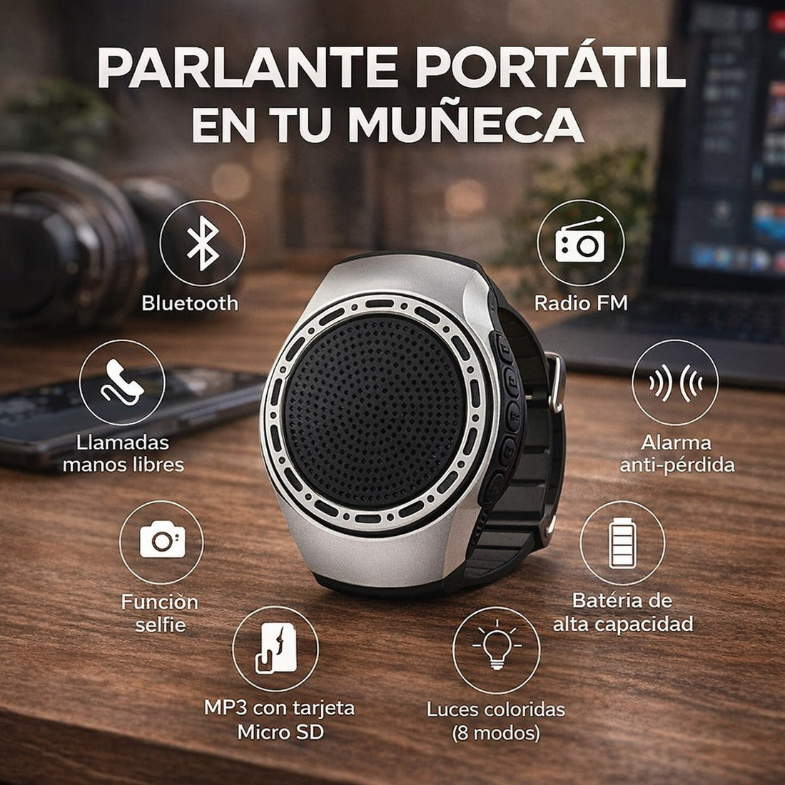 Parlante Portátil de Muñeca — Bluetooth, Radio FM y MP3