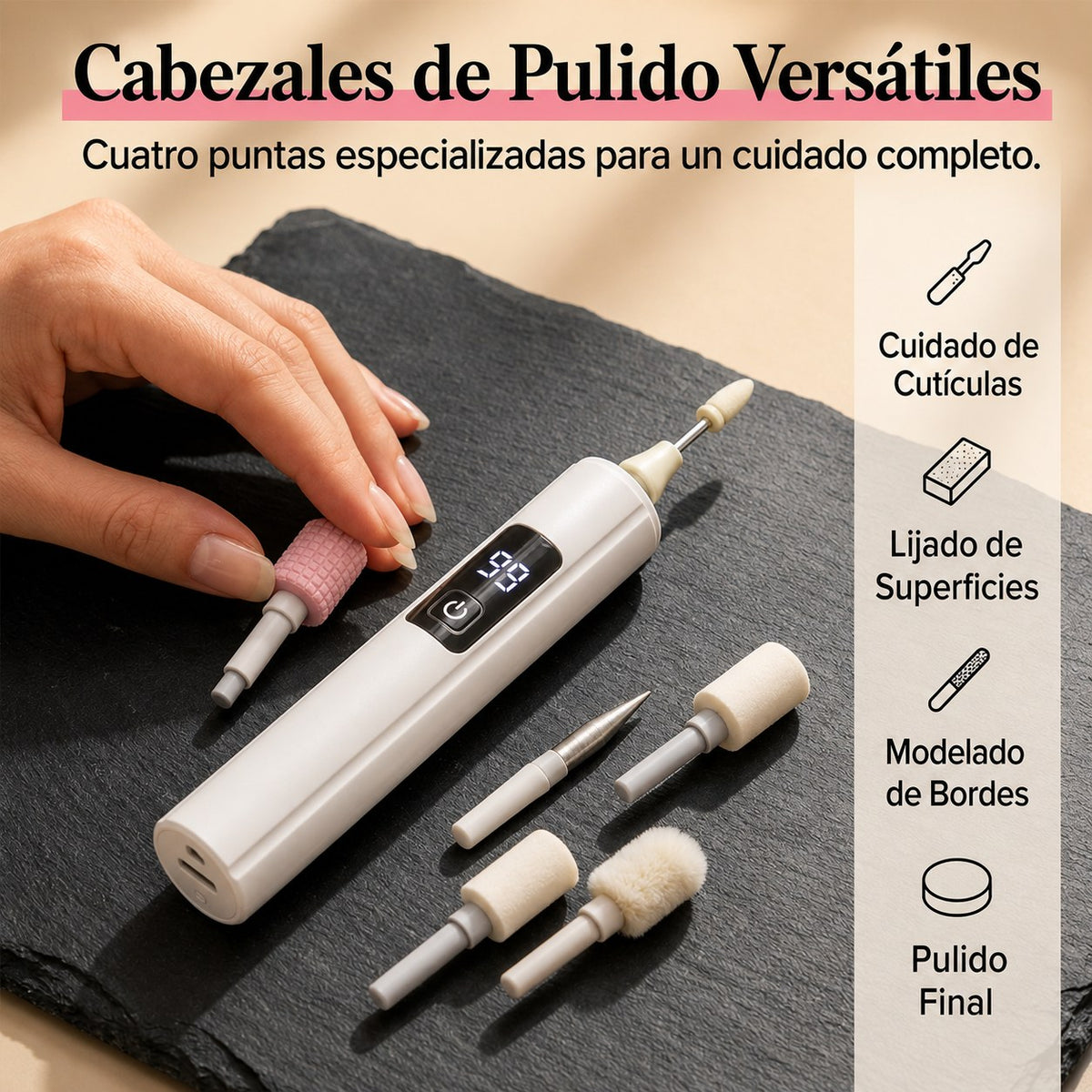 Pulidora de Uñas Eléctrica 💅 4 Cabezales y Pantalla de Velocidad — 3