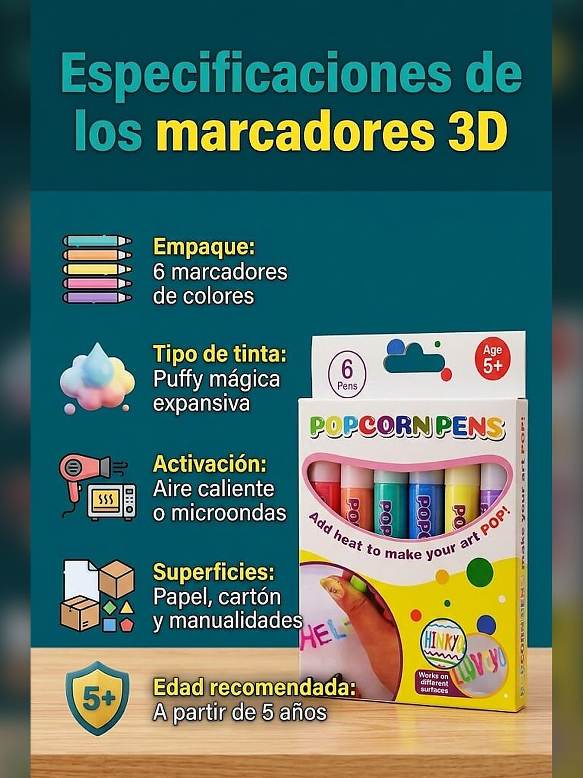 Marcadores 3D que se Inflan 🎨 6 Colores, Dibujo en Relieve con Calor — 4