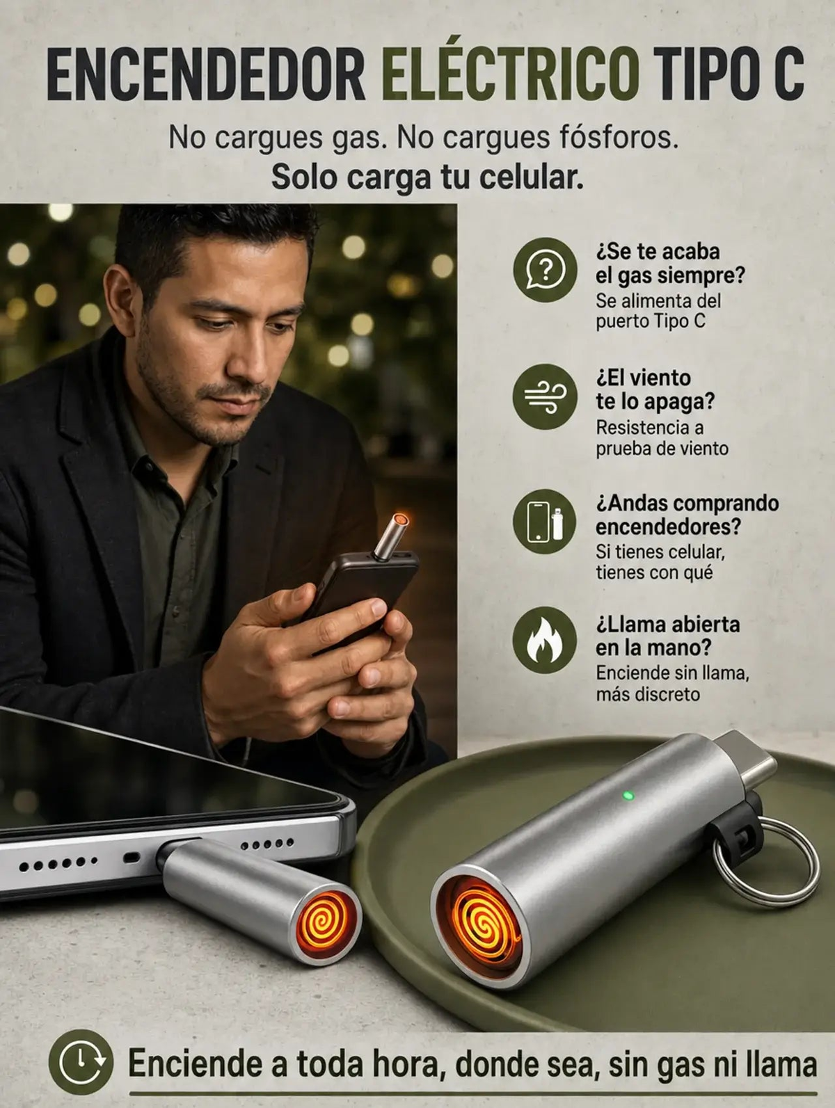 Encendedor Eléctrico USB Tipo C — Sin Gas, Sin Llama, a Prueba de Viento