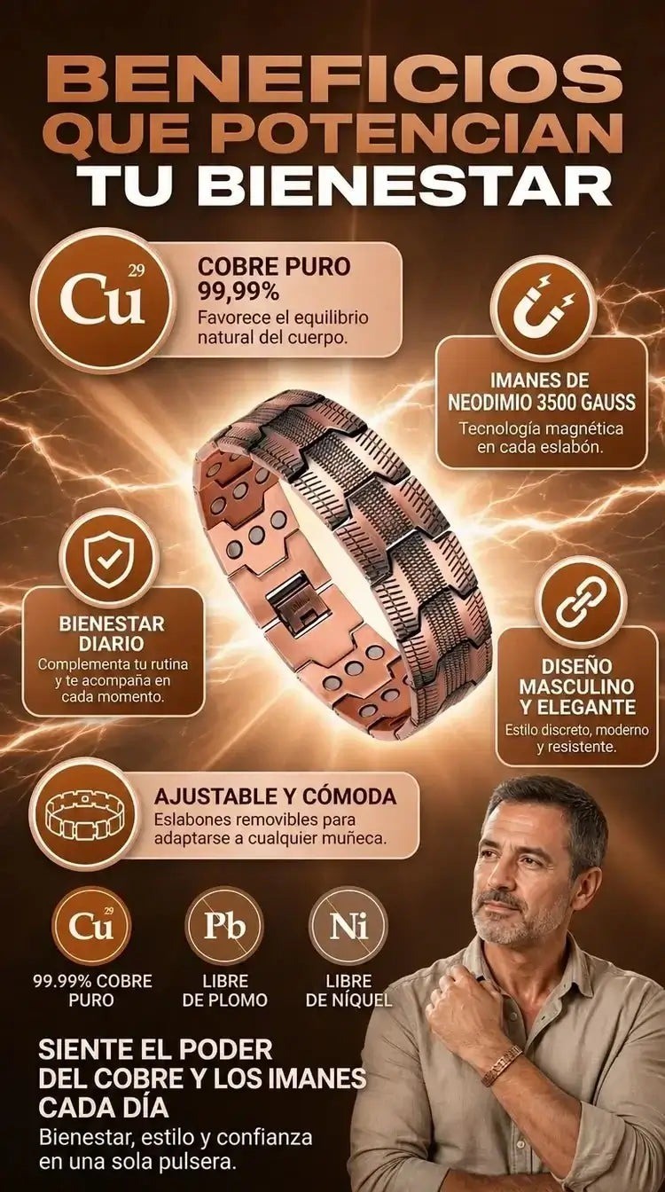 Pulsera Magnética de Cobre Puro 99,99% — Eslabones Ajustables ⌚ — 2