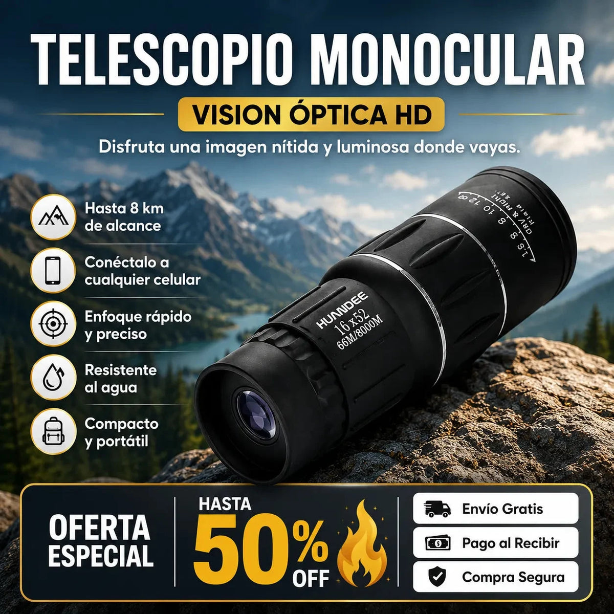 Telescopio Monocular Visión HD 🔭 Hasta 8 km · Soporte para Celular